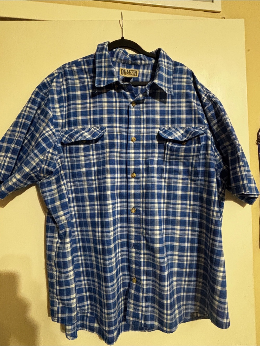 Duluth Trading Co Blue and White Plaid Short-Sleeve Button-Up Shirt 3XL
